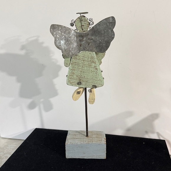 Vintage Whimsical Wooden Angel Figurine with Metal Wings - Picture 3 of 7
